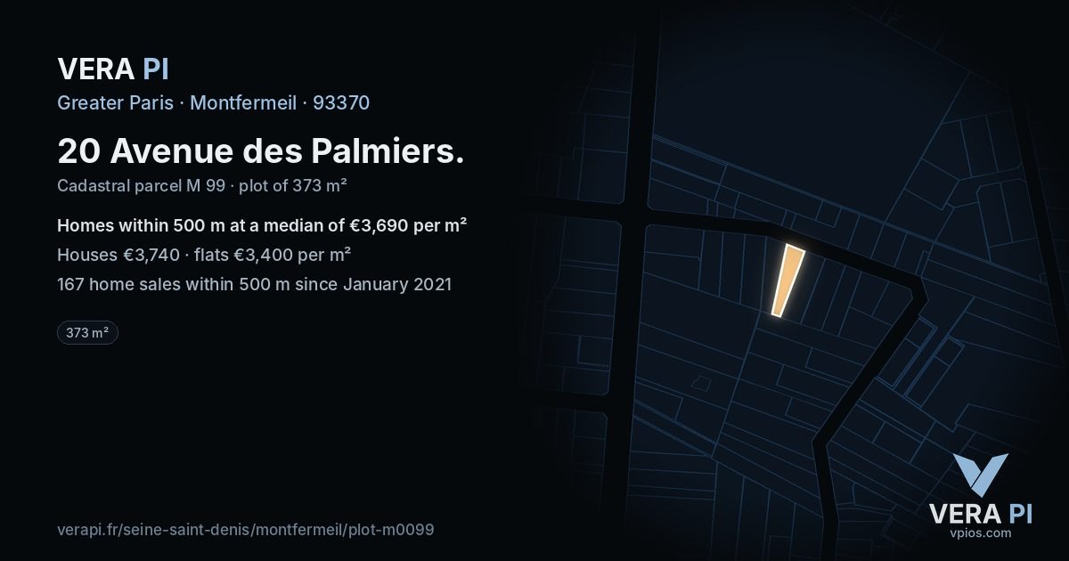 20 Avenue des Palmiers, Montfermeil at night – the plot lit, the parcels around coloured by the prices near them