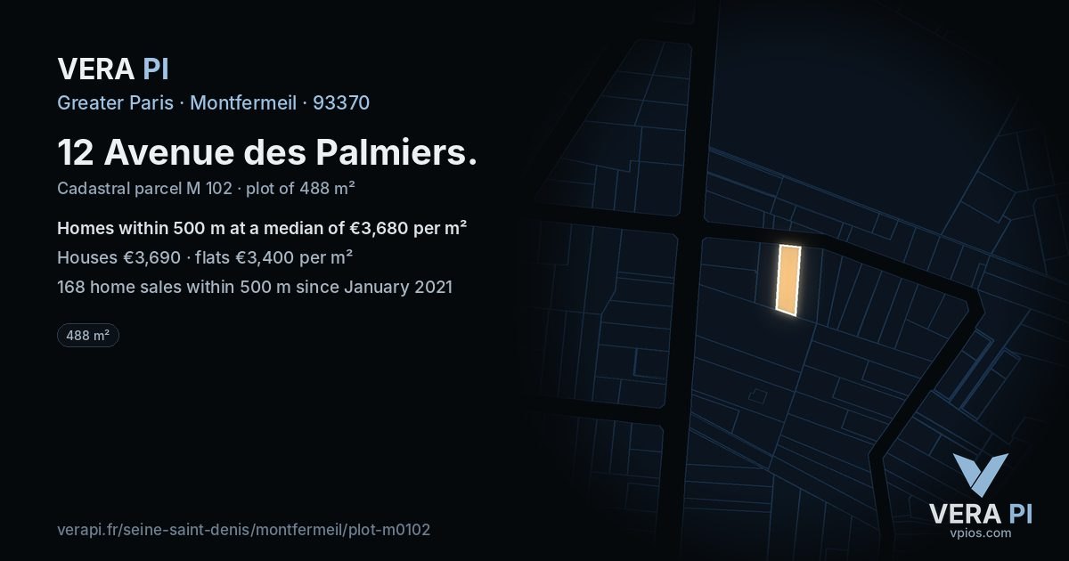 12 Avenue des Palmiers, Montfermeil at night – the plot lit, the parcels around coloured by the prices near them