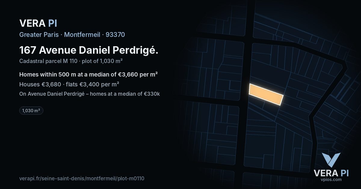 167 Avenue Daniel Perdrigé, Montfermeil at night – the plot lit, the parcels around coloured by the prices near them