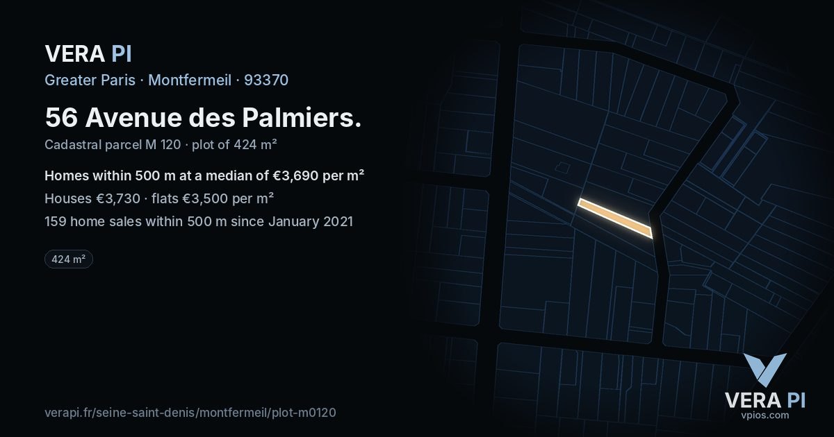 56 Avenue des Palmiers, Montfermeil at night – the plot lit, the parcels around coloured by the prices near them