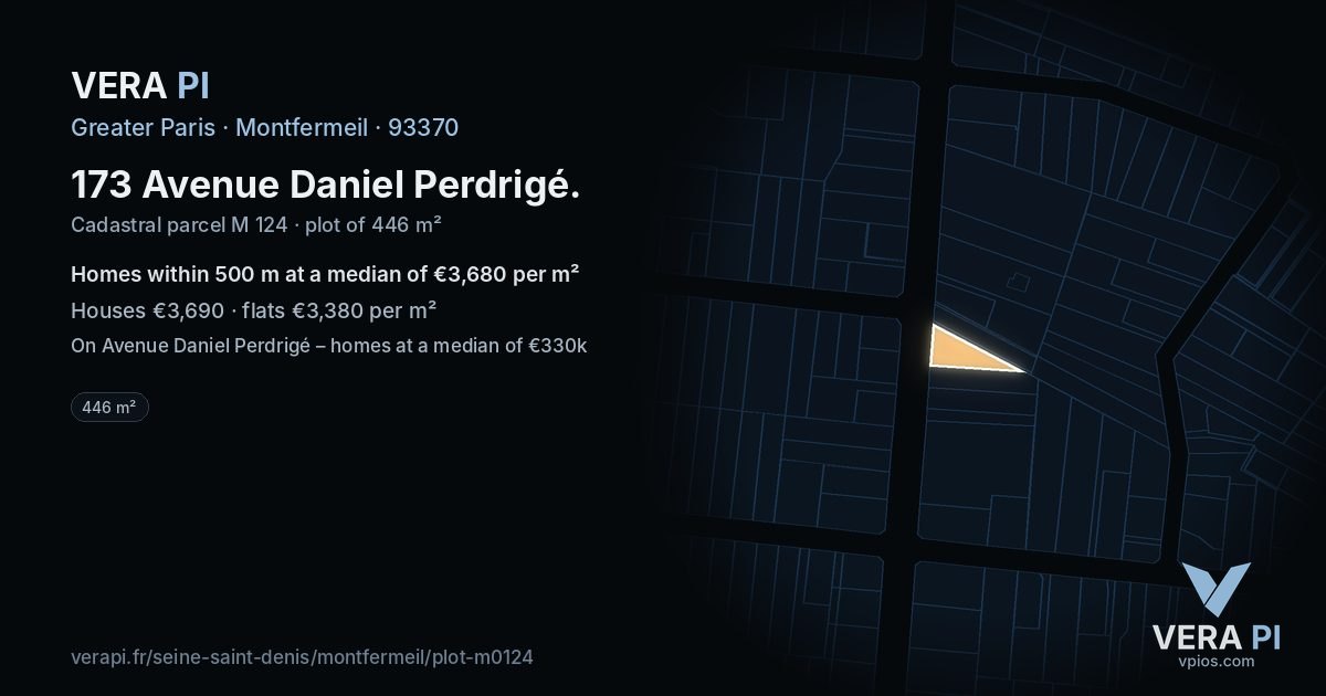 173 Avenue Daniel Perdrigé, Montfermeil at night – the plot lit, the parcels around coloured by the prices near them