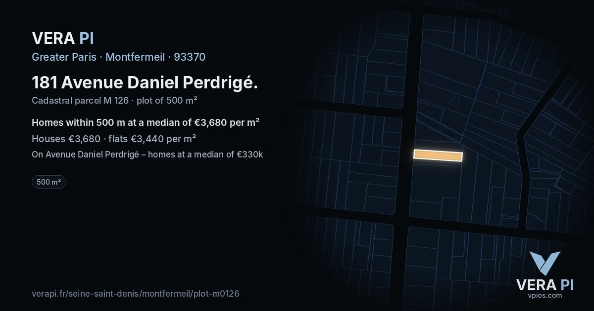181 Avenue Daniel Perdrigé, Montfermeil at night – the plot lit, the parcels around coloured by the prices near them