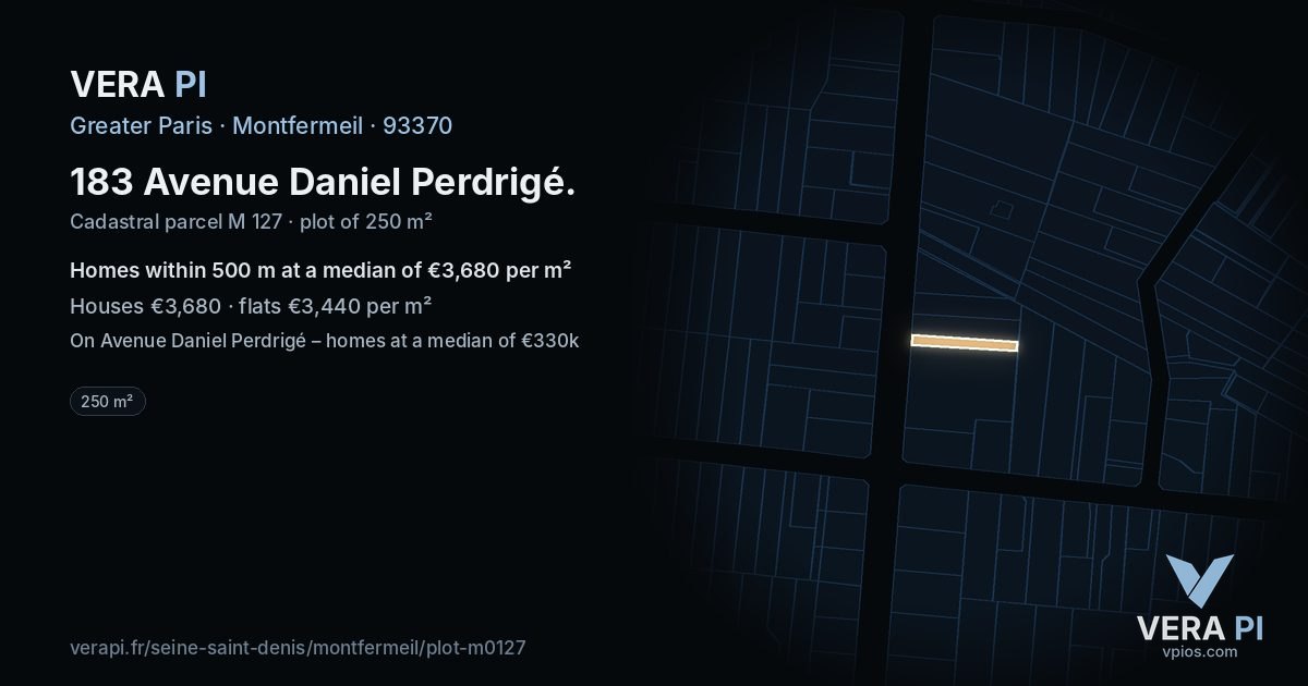 183 Avenue Daniel Perdrigé, Montfermeil at night – the plot lit, the parcels around coloured by the prices near them