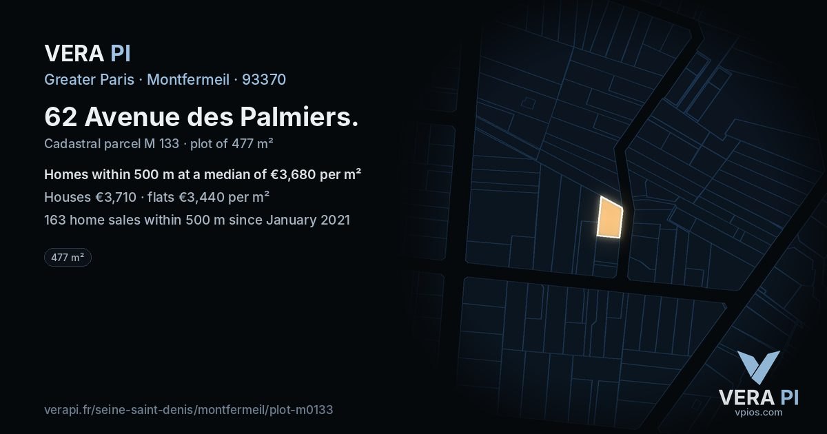 62 Avenue des Palmiers, Montfermeil at night – the plot lit, the parcels around coloured by the prices near them