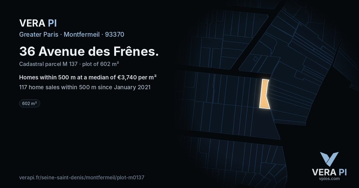 36 Avenue des Frênes, Montfermeil at night – the plot lit, the parcels around coloured by the prices near them