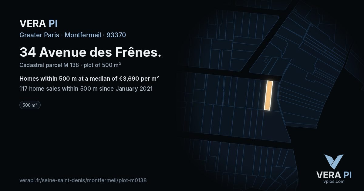 34 Avenue des Frênes, Montfermeil at night – the plot lit, the parcels around coloured by the prices near them