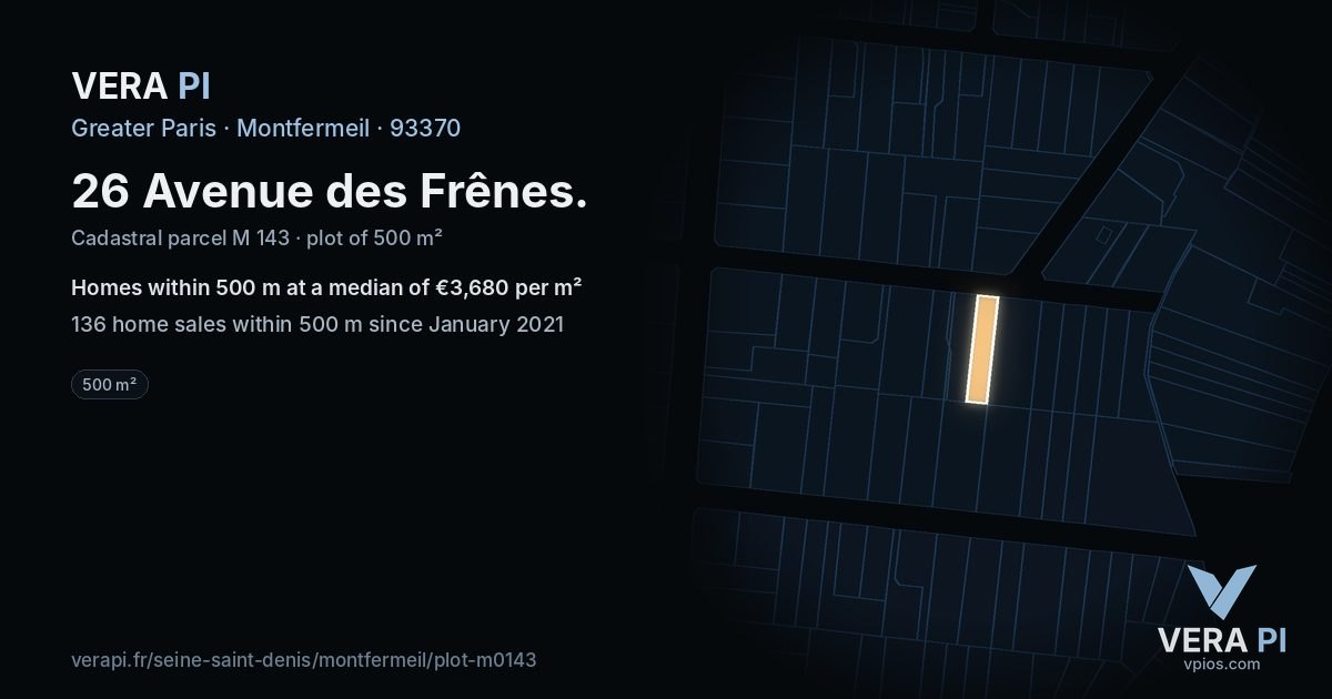26 Avenue des Frênes, Montfermeil at night – the plot lit, the parcels around coloured by the prices near them