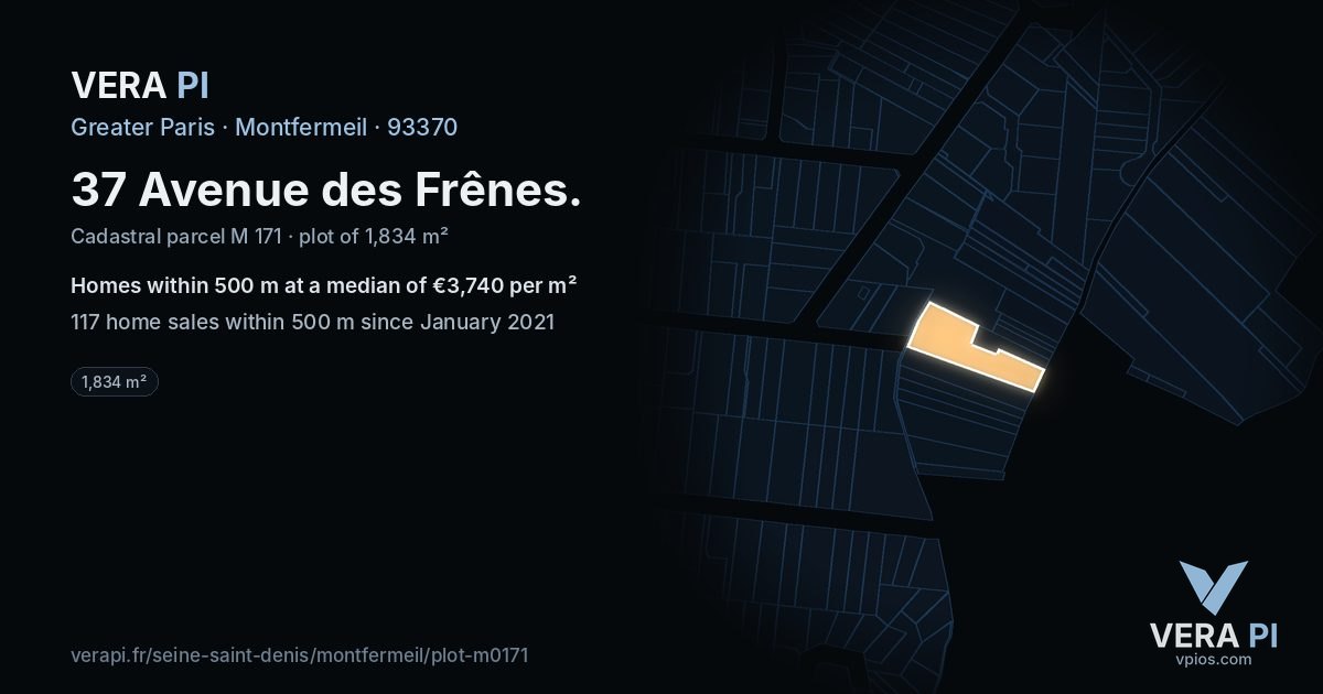 37 Avenue des Frênes, Montfermeil at night – the plot lit, the parcels around coloured by the prices near them