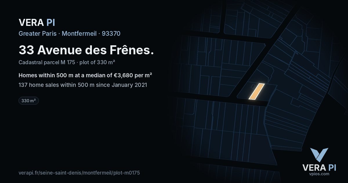 33 Avenue des Frênes, Montfermeil at night – the plot lit, the parcels around coloured by the prices near them
