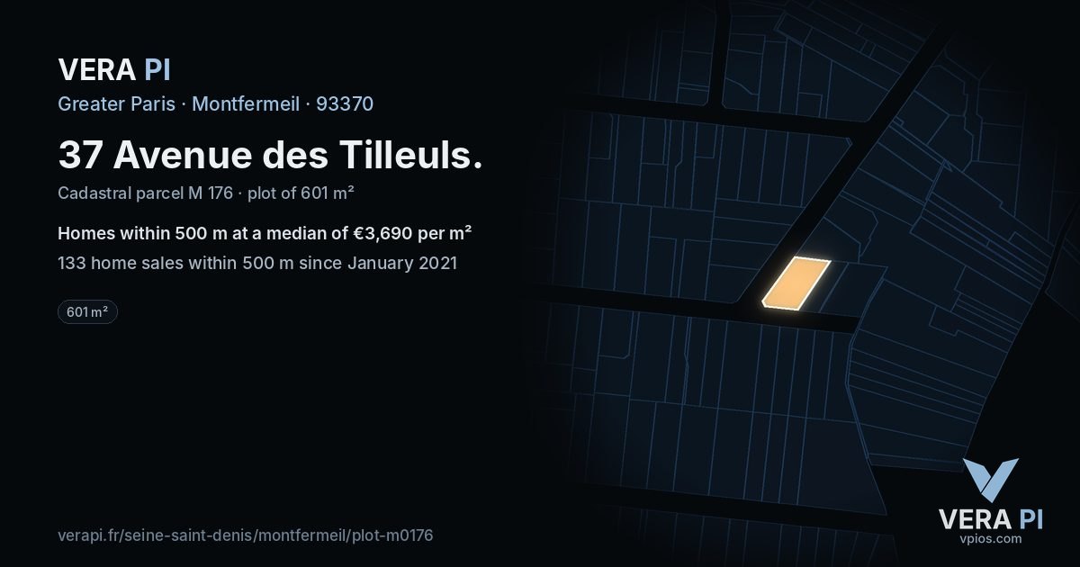 37 Avenue des Tilleuls, Montfermeil at night – the plot lit, the parcels around coloured by the prices near them