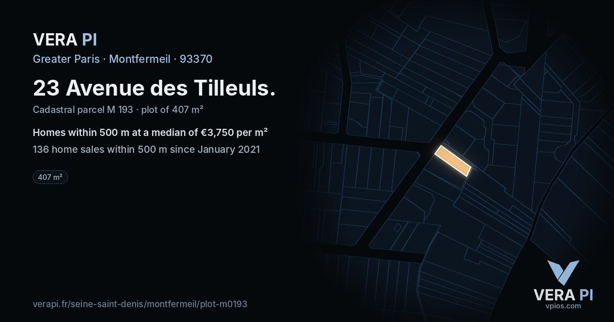 23 Avenue des Tilleuls, Montfermeil at night – the plot lit, the parcels around coloured by the prices near them