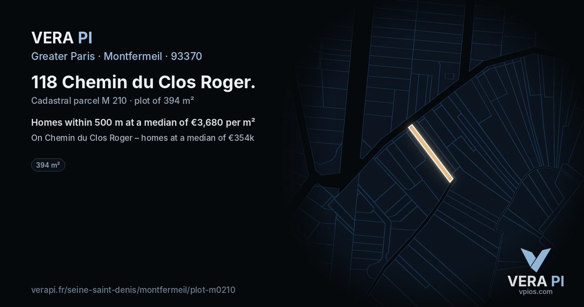 118 Chemin du Clos Roger, Montfermeil at night – the plot lit, the parcels around coloured by the prices near them