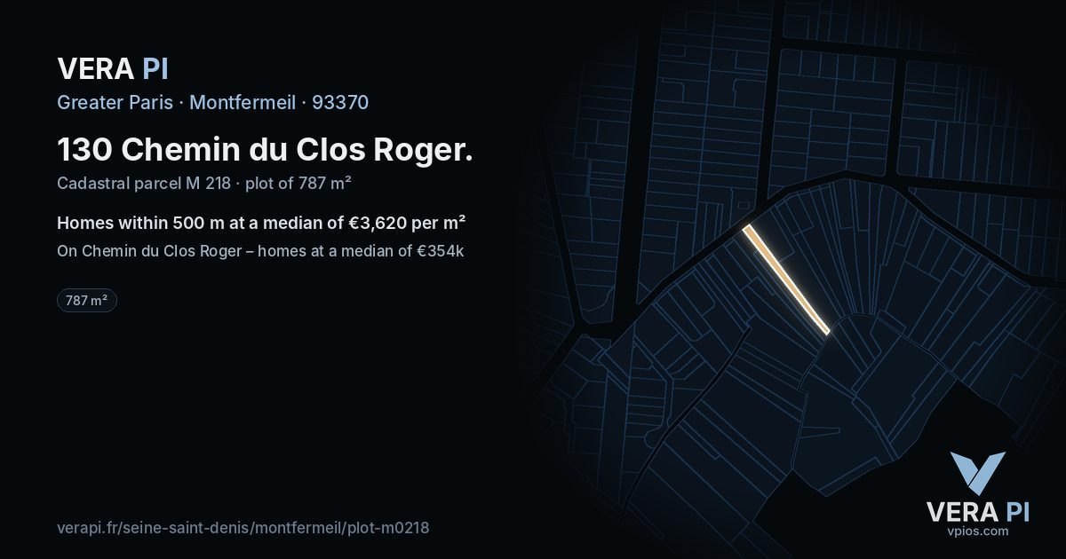 130 Chemin du Clos Roger, Montfermeil at night – the plot lit, the parcels around coloured by the prices near them