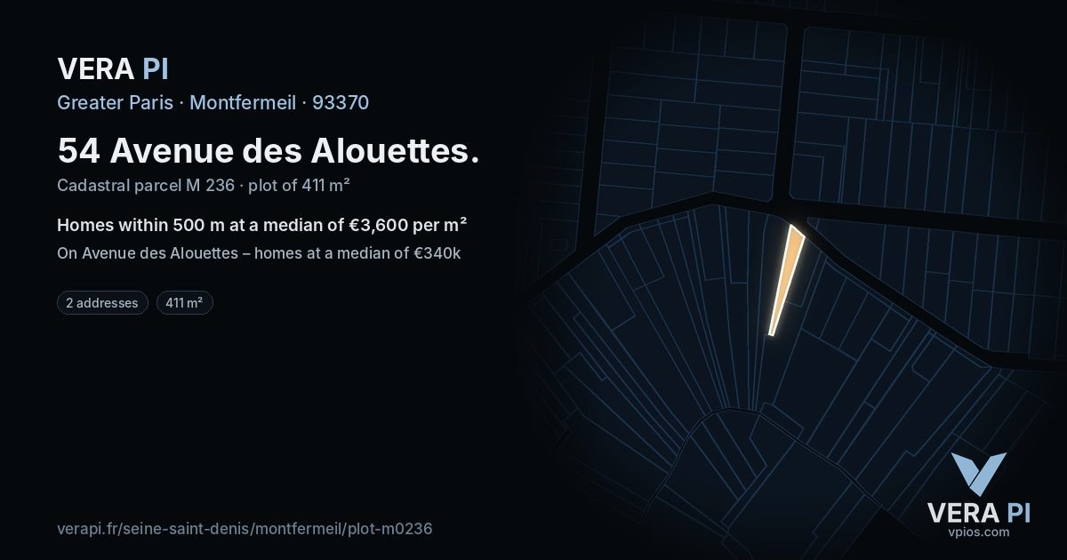 54 Avenue des Alouettes, Montfermeil at night – the plot lit, the parcels around coloured by the prices near them