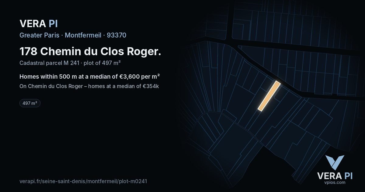 178 Chemin du Clos Roger, Montfermeil at night – the plot lit, the parcels around coloured by the prices near them