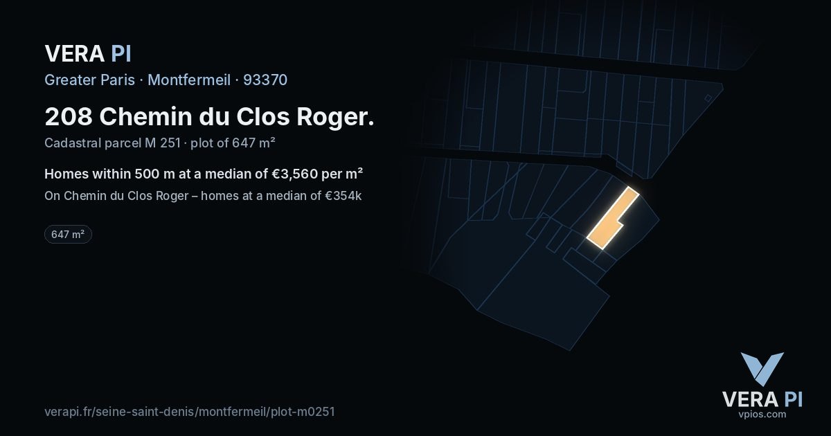 208 Chemin du Clos Roger, Montfermeil at night – the plot lit, the parcels around coloured by the prices near them