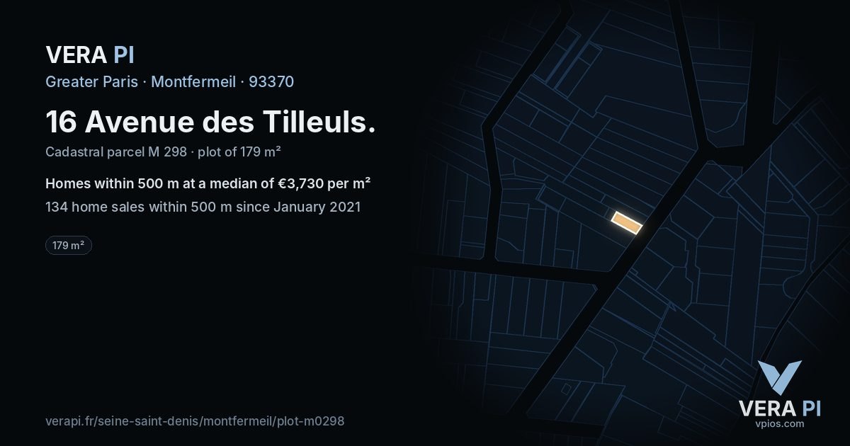 16 Avenue des Tilleuls, Montfermeil at night – the plot lit, the parcels around coloured by the prices near them