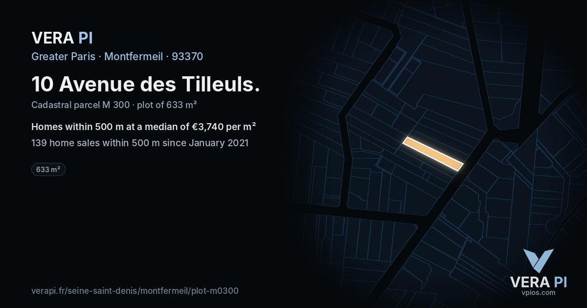 10 Avenue des Tilleuls, Montfermeil at night – the plot lit, the parcels around coloured by the prices near them