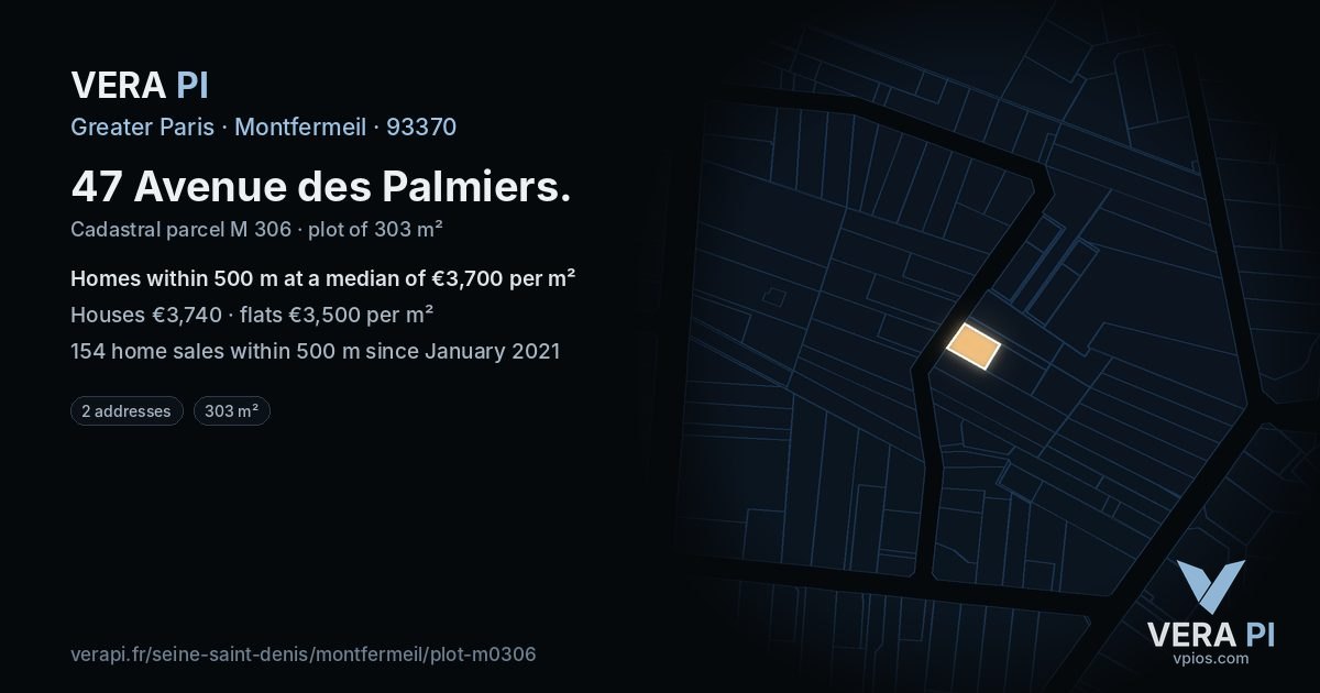47 Avenue des Palmiers, Montfermeil at night – the plot lit, the parcels around coloured by the prices near them