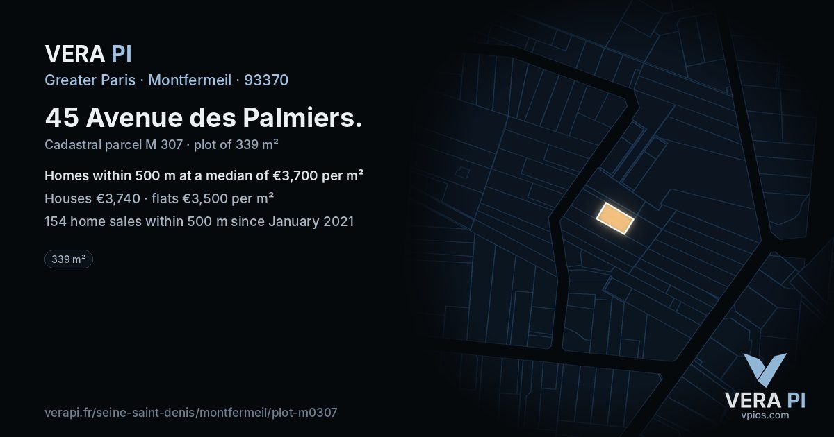 45 Avenue des Palmiers, Montfermeil at night – the plot lit, the parcels around coloured by the prices near them