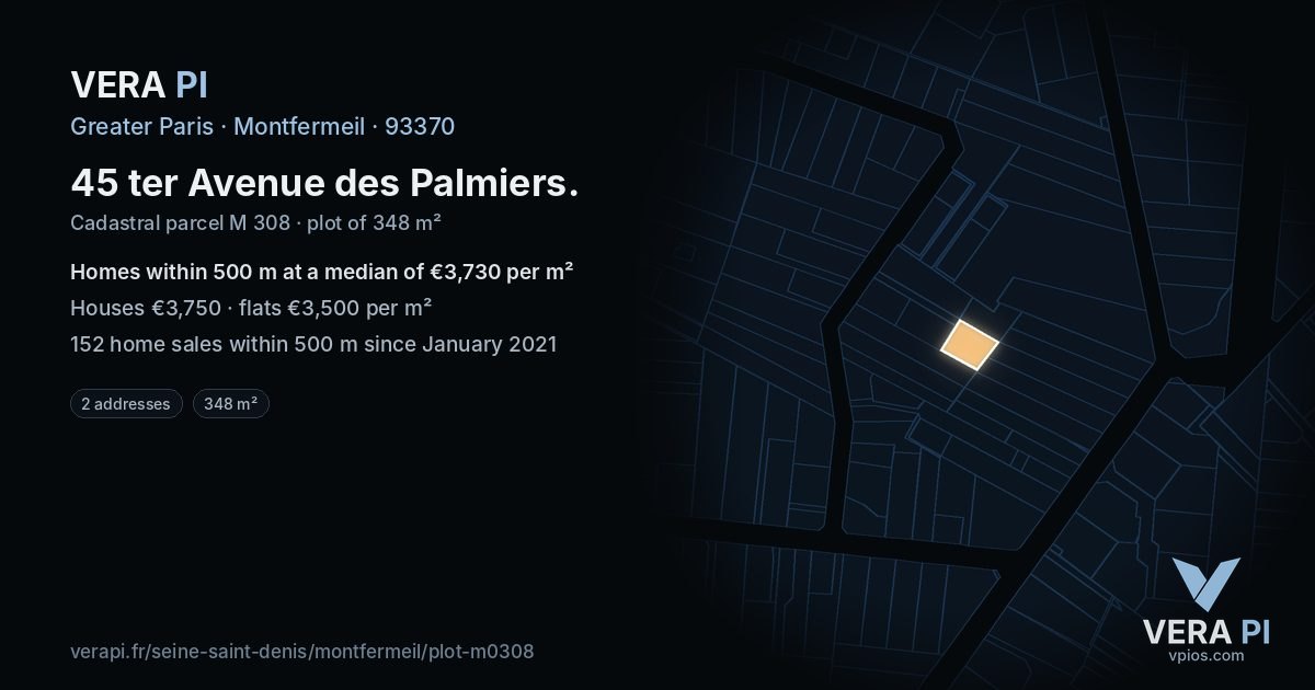 45 ter Avenue des Palmiers, Montfermeil at night – the plot lit, the parcels around coloured by the prices near them