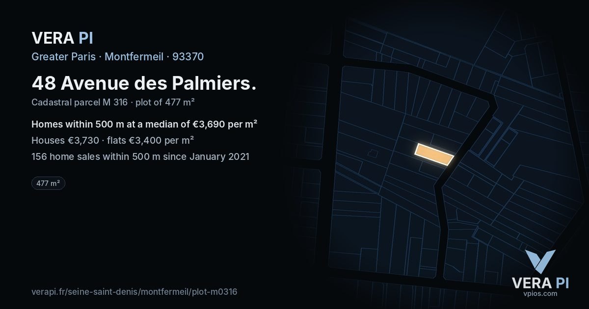 48 Avenue des Palmiers, Montfermeil at night – the plot lit, the parcels around coloured by the prices near them