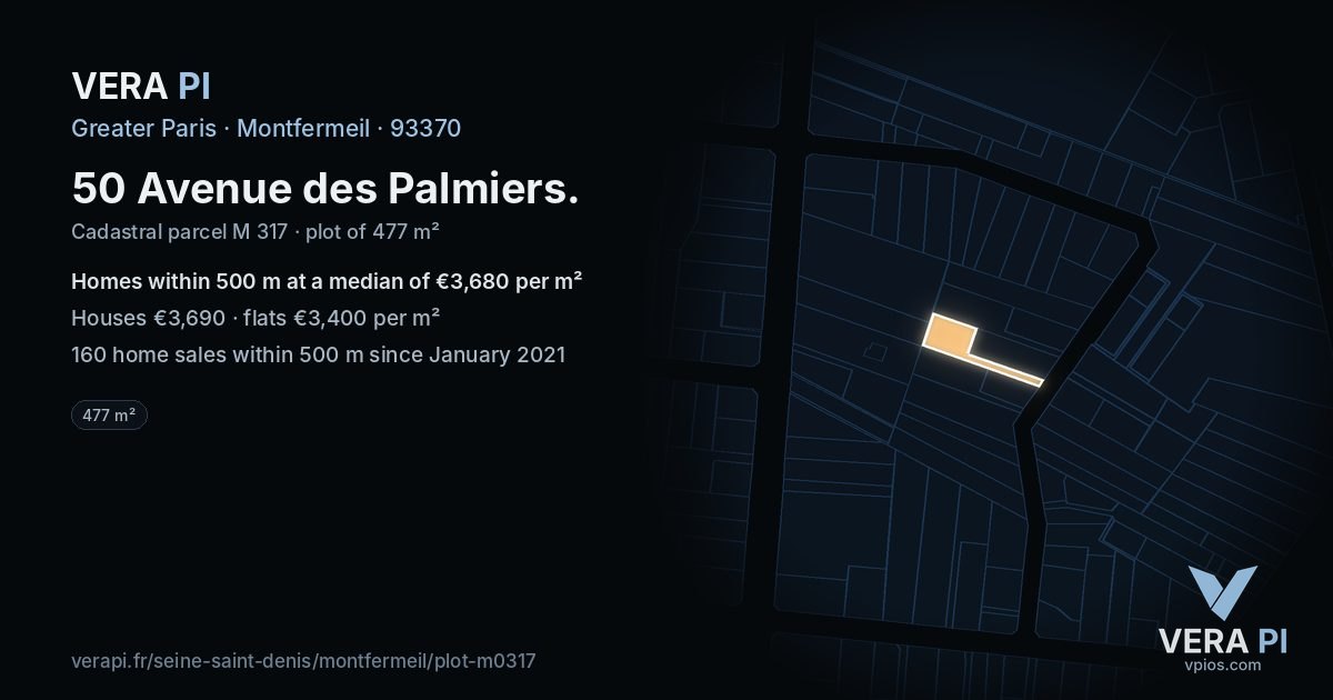 50 Avenue des Palmiers, Montfermeil at night – the plot lit, the parcels around coloured by the prices near them