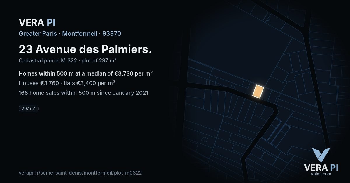 23 Avenue des Palmiers, Montfermeil at night – the plot lit, the parcels around coloured by the prices near them