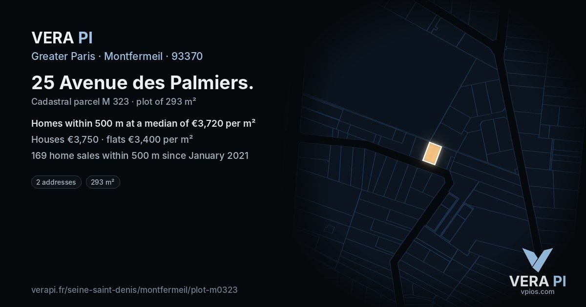 25 Avenue des Palmiers, Montfermeil at night – the plot lit, the parcels around coloured by the prices near them