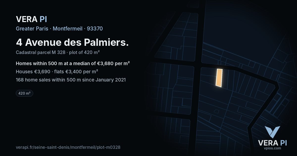 4 Avenue des Palmiers, Montfermeil at night – the plot lit, the parcels around coloured by the prices near them