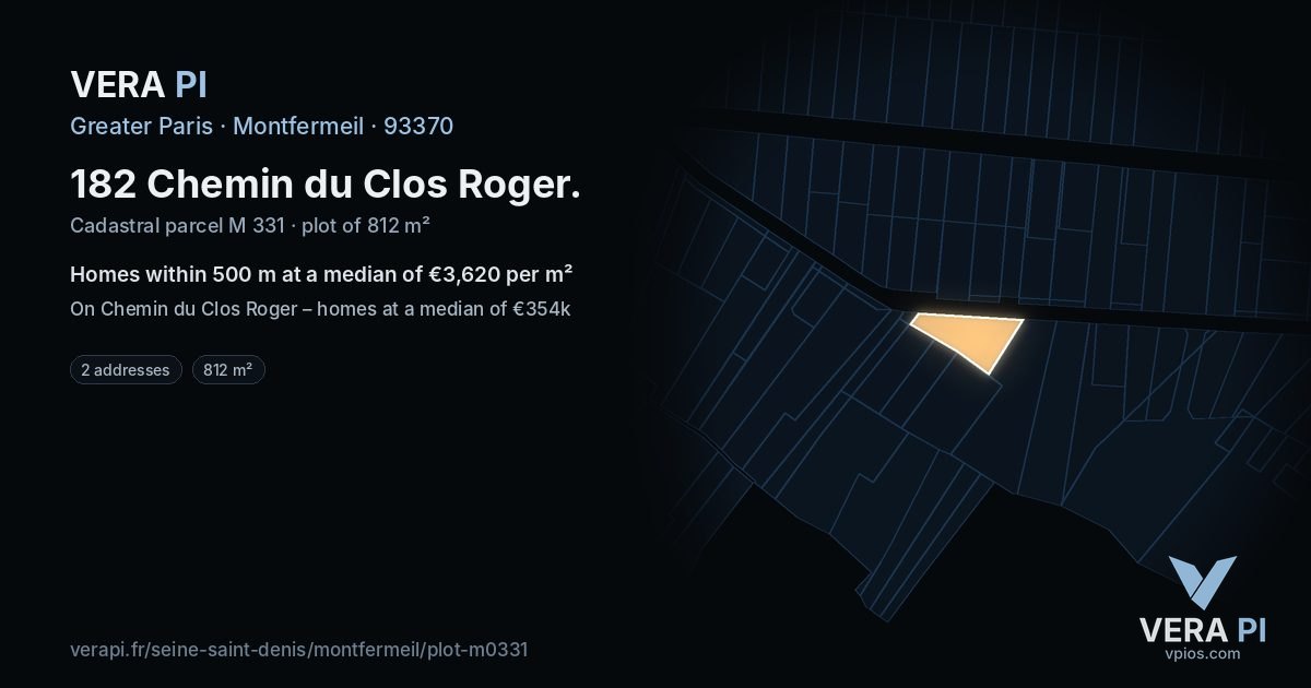 182 Chemin du Clos Roger, Montfermeil at night – the plot lit, the parcels around coloured by the prices near them