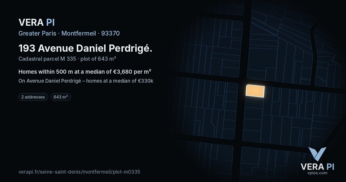 193 Avenue Daniel Perdrigé, Montfermeil at night – the plot lit, the parcels around coloured by the prices near them