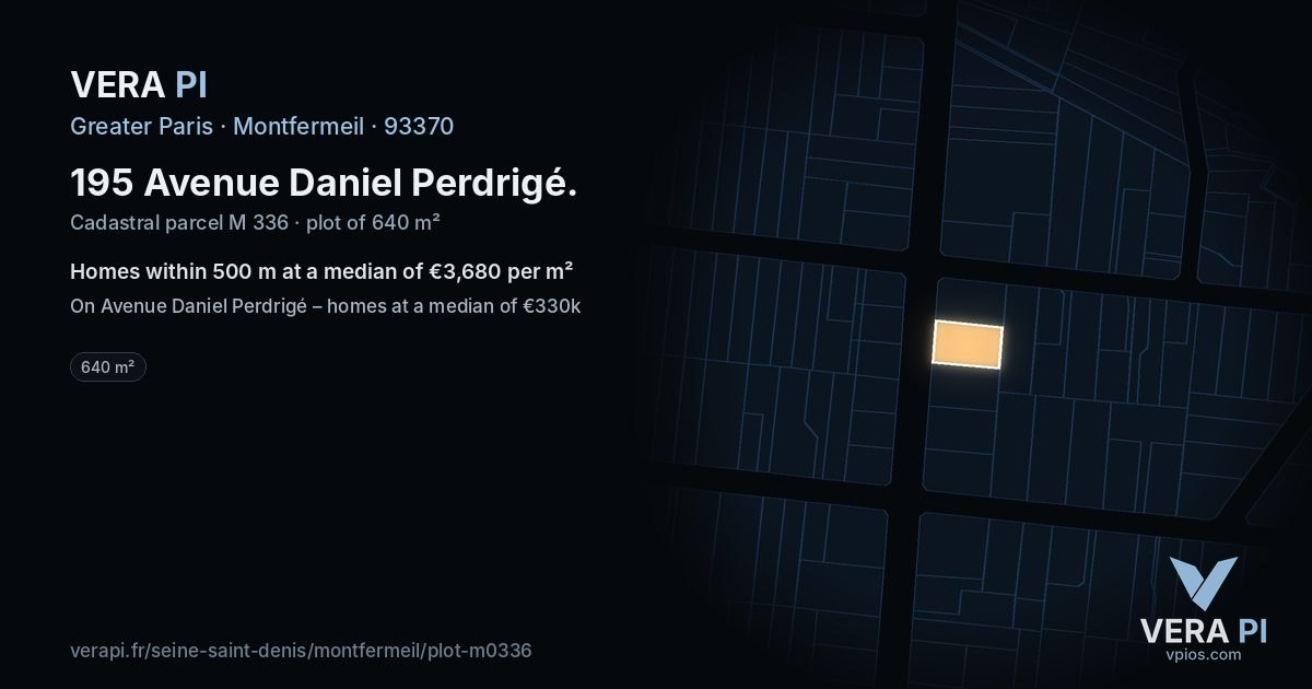 195 Avenue Daniel Perdrigé, Montfermeil at night – the plot lit, the parcels around coloured by the prices near them