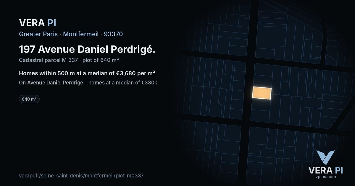 197 Avenue Daniel Perdrigé, Montfermeil at night – the plot lit, the parcels around coloured by the prices near them