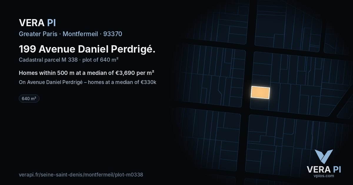199 Avenue Daniel Perdrigé, Montfermeil at night – the plot lit, the parcels around coloured by the prices near them