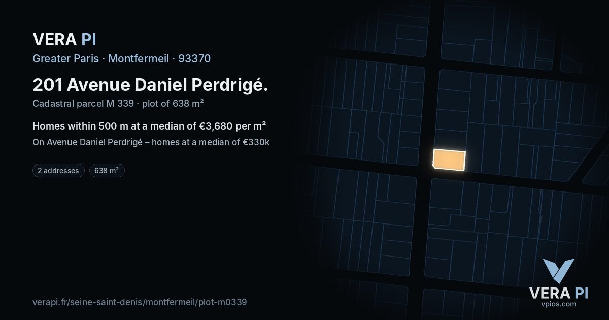 201 Avenue Daniel Perdrigé, Montfermeil at night – the plot lit, the parcels around coloured by the prices near them
