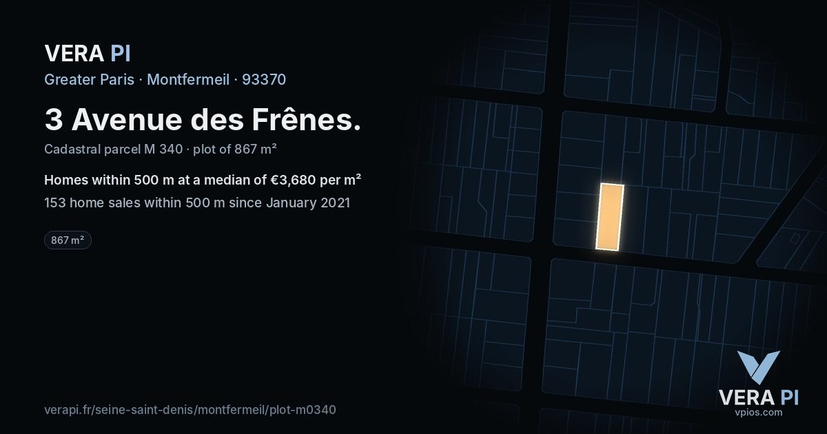 3 Avenue des Frênes, Montfermeil at night – the plot lit, the parcels around coloured by the prices near them