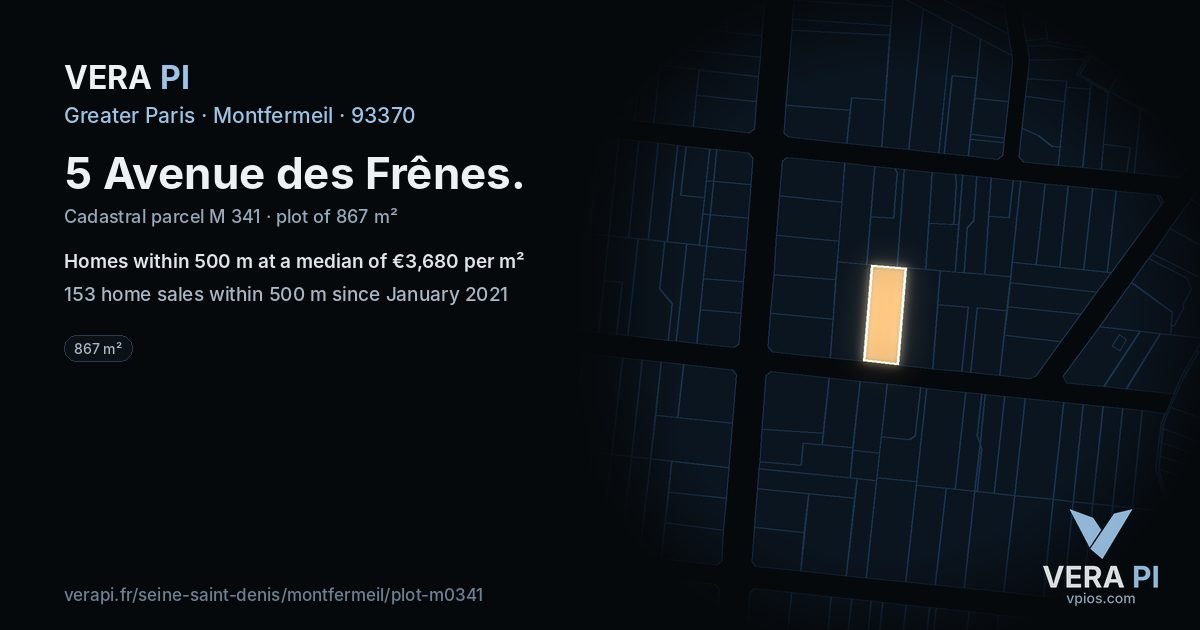 5 Avenue des Frênes, Montfermeil at night – the plot lit, the parcels around coloured by the prices near them