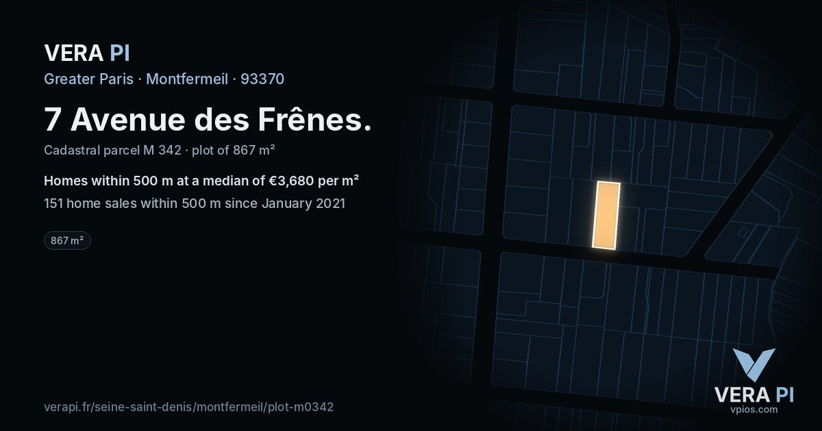7 Avenue des Frênes, Montfermeil at night – the plot lit, the parcels around coloured by the prices near them