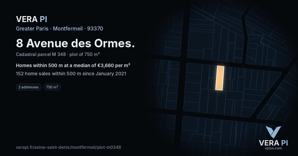 8 Avenue des Ormes, Montfermeil at night – the plot lit, the parcels around coloured by the prices near them