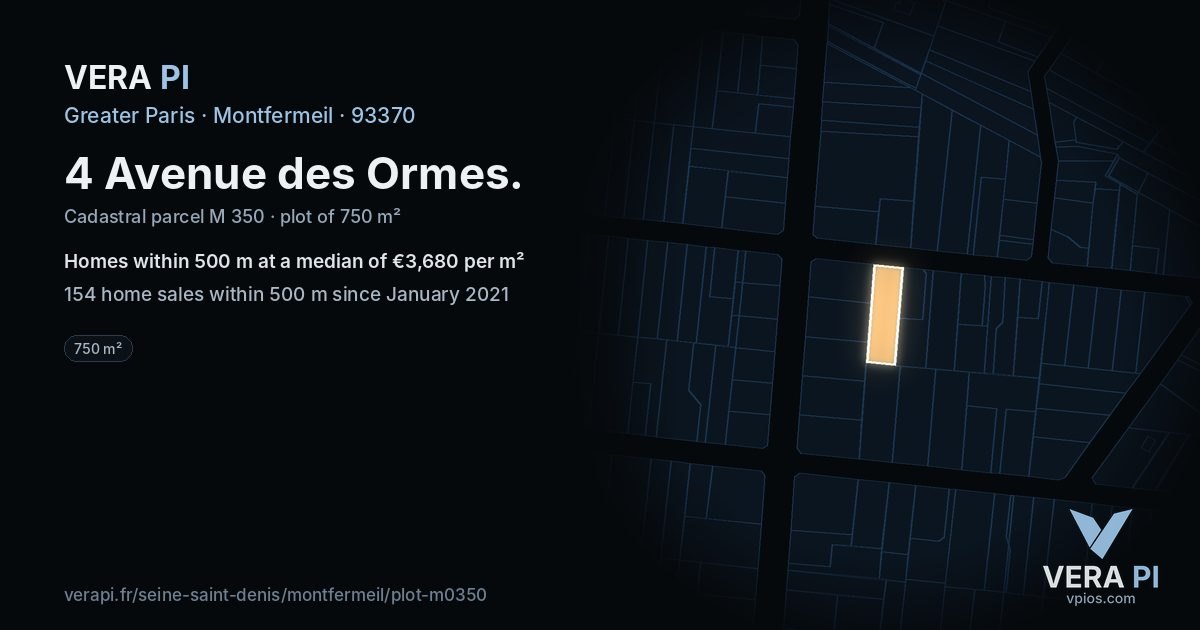 4 Avenue des Ormes, Montfermeil at night – the plot lit, the parcels around coloured by the prices near them