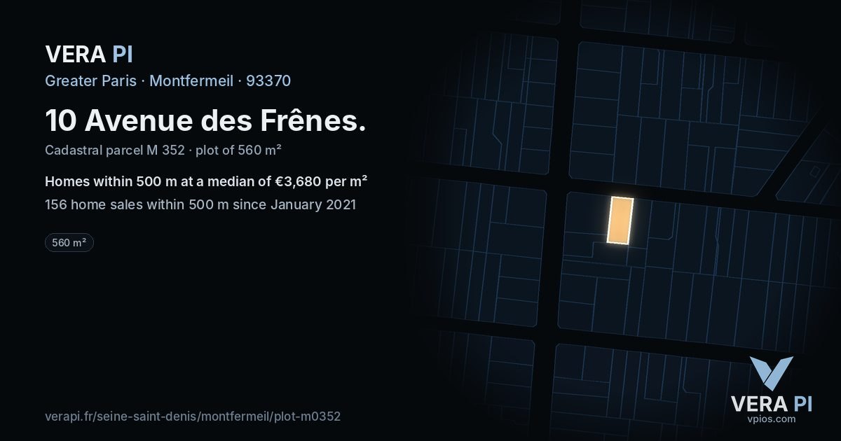 10 Avenue des Frênes, Montfermeil at night – the plot lit, the parcels around coloured by the prices near them
