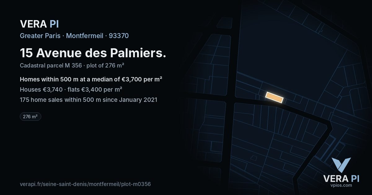 15 Avenue des Palmiers, Montfermeil at night – the plot lit, the parcels around coloured by the prices near them