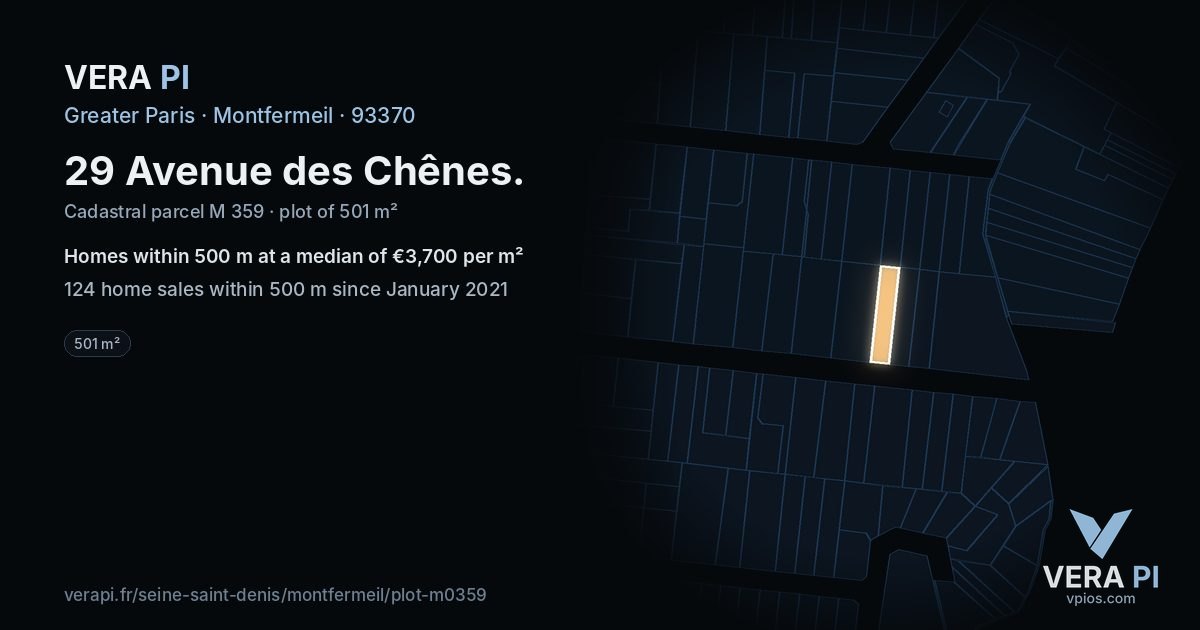 29 Avenue des Chênes, Montfermeil at night – the plot lit, the parcels around coloured by the prices near them