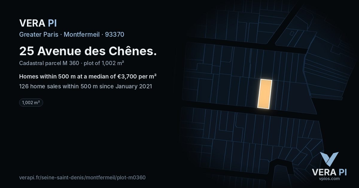 25 Avenue des Chênes, Montfermeil at night – the plot lit, the parcels around coloured by the prices near them