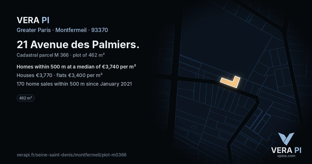 21 Avenue des Palmiers, Montfermeil at night – the plot lit, the parcels around coloured by the prices near them