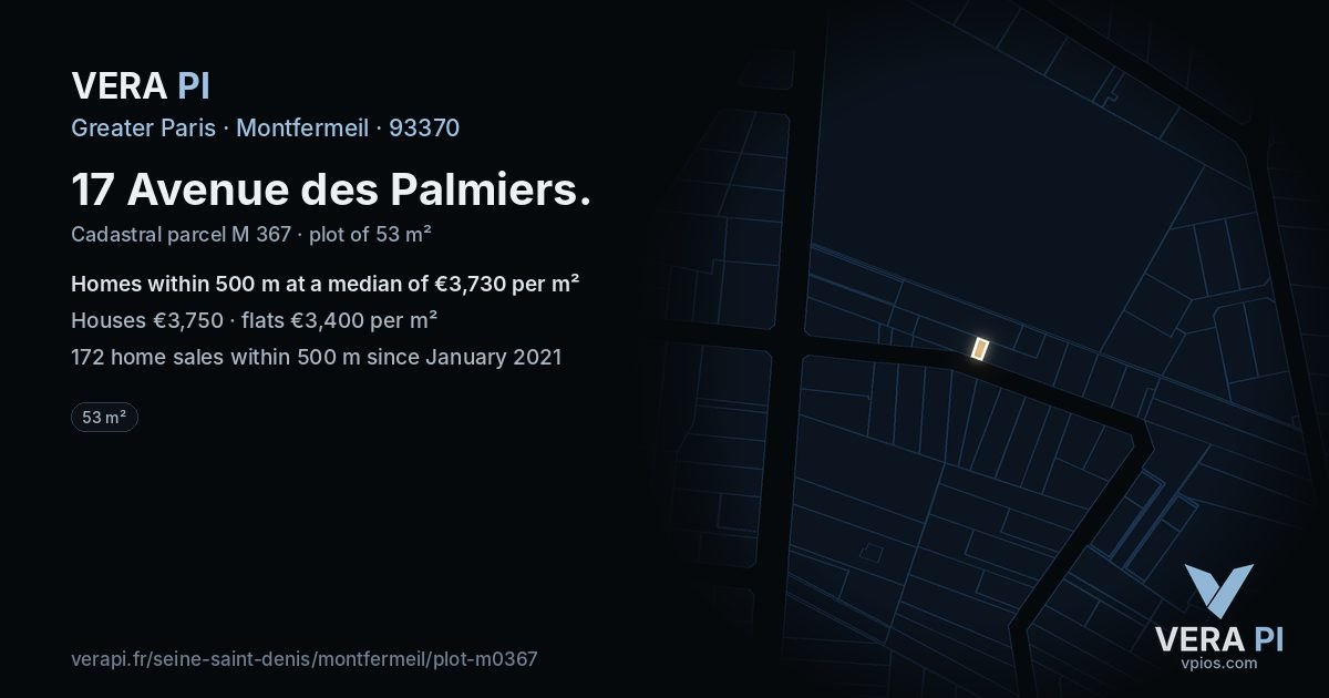 17 Avenue des Palmiers, Montfermeil at night – the plot lit, the parcels around coloured by the prices near them