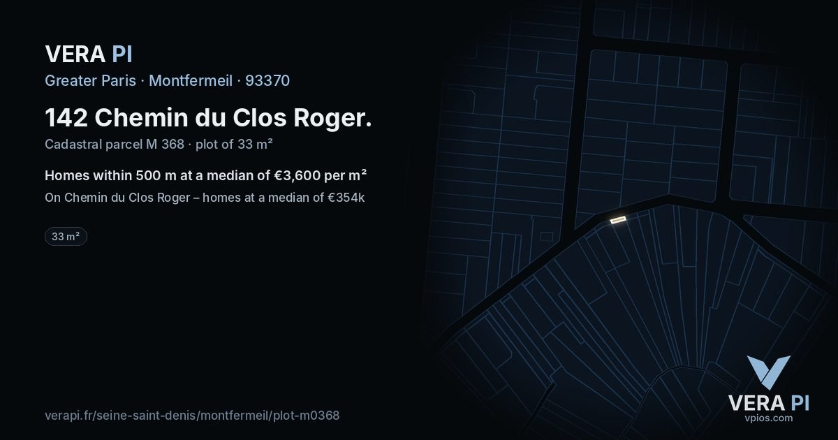 142 Chemin du Clos Roger, Montfermeil at night – the plot lit, the parcels around coloured by the prices near them