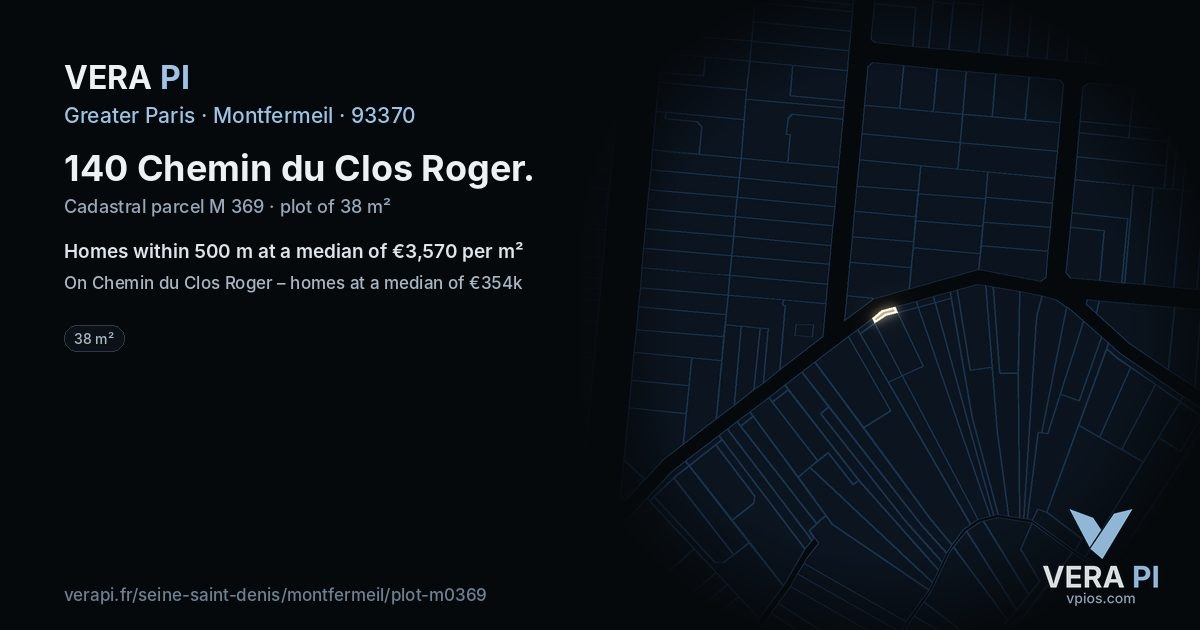 140 Chemin du Clos Roger, Montfermeil at night – the plot lit, the parcels around coloured by the prices near them