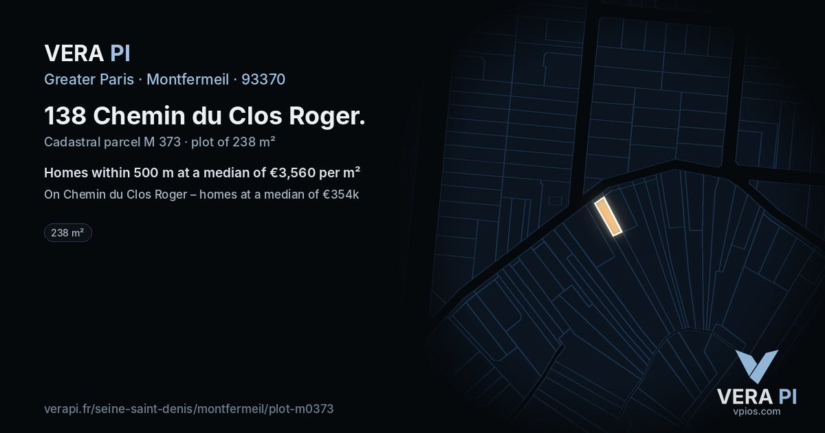138 Chemin du Clos Roger, Montfermeil at night – the plot lit, the parcels around coloured by the prices near them